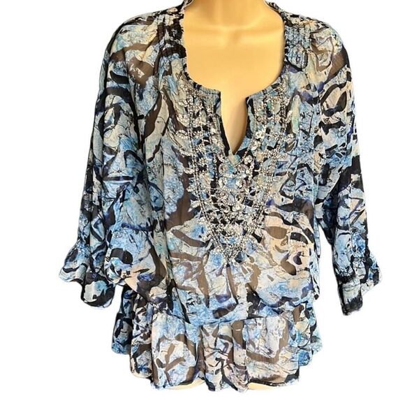✨Chico’s Sheer Blue Embellished Elastic Sz 3X Blouse✨ - Picture 3 of 10